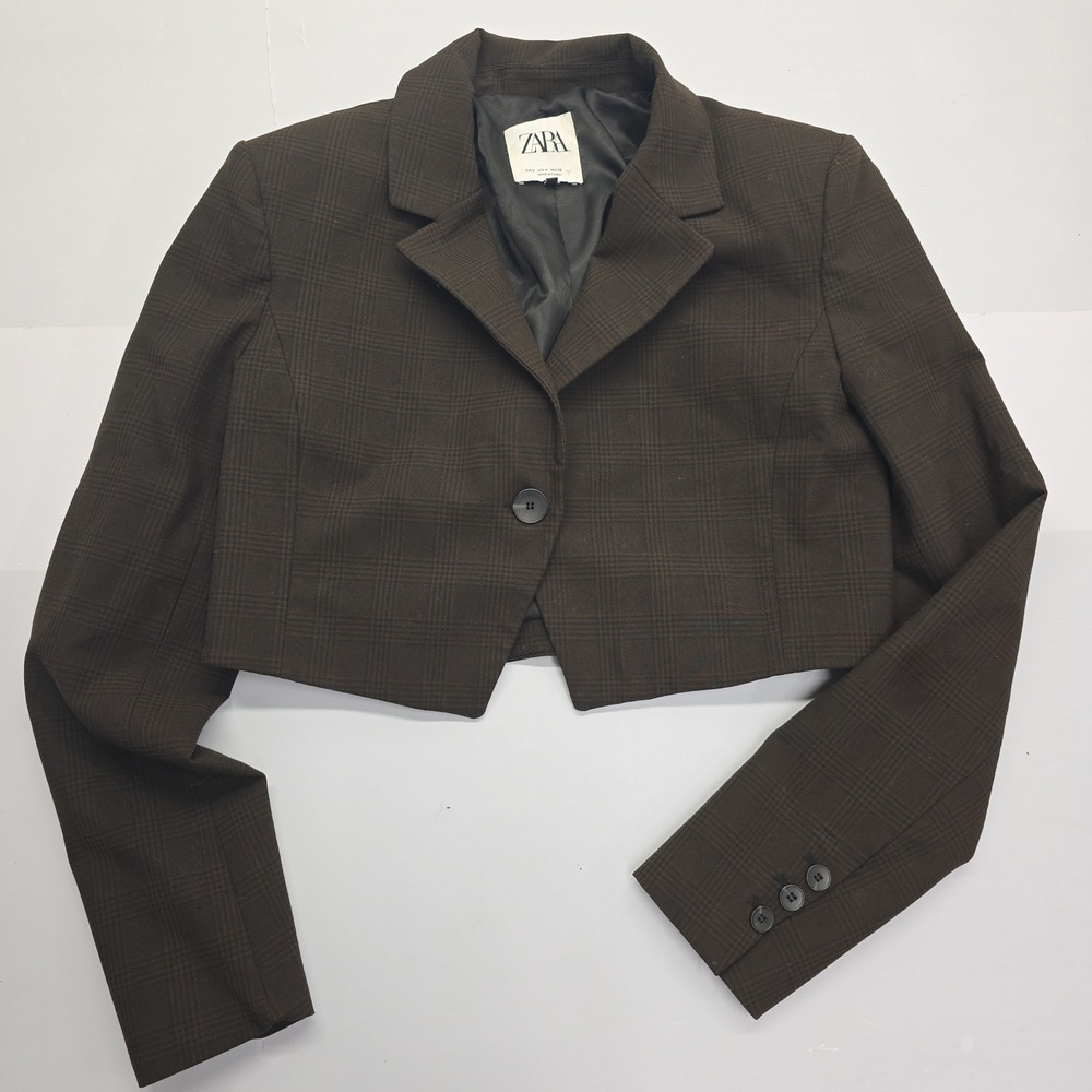 Zara Womens Brown Plaid Cropped Blazer Jacket Single Button Size S Small